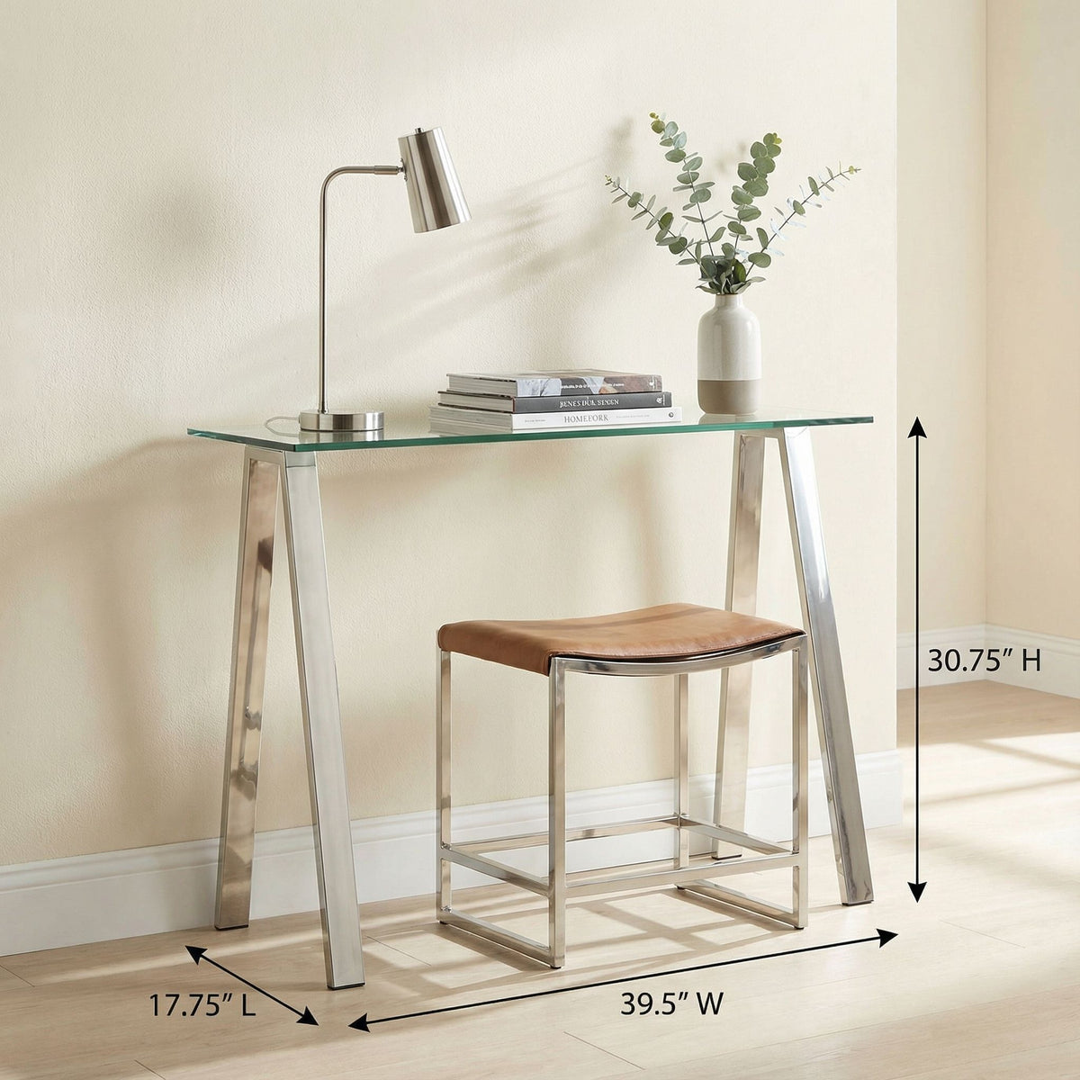 Trixie Glass Top Desk / Console Table with Stainless Steel Frame