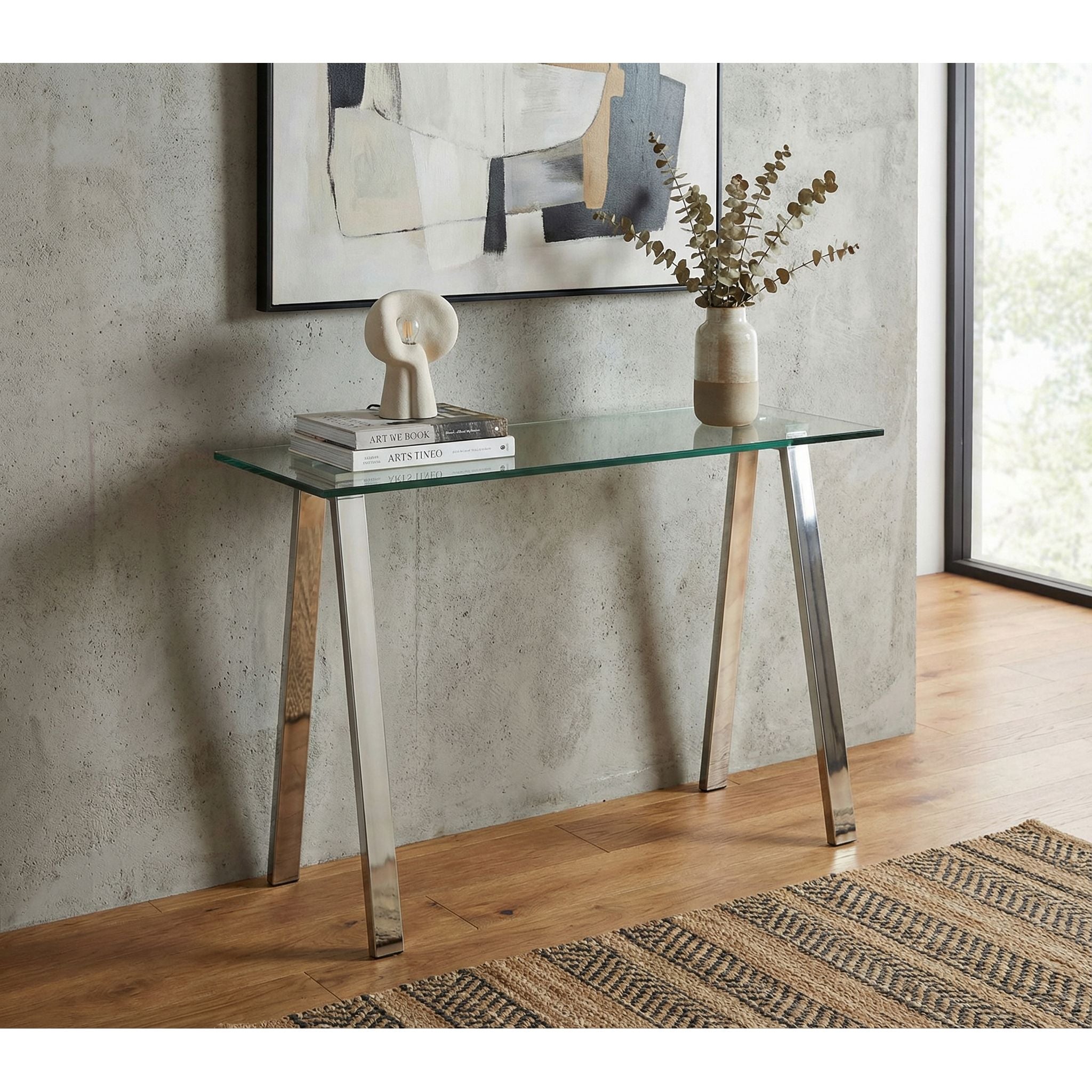 Trixie Glass Top Desk / Console Table with Stainless Steel Frame