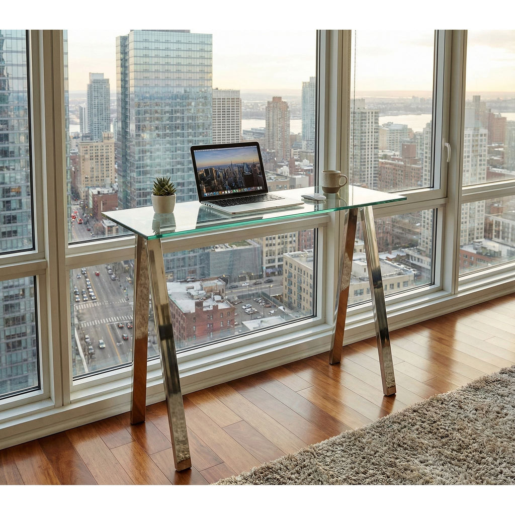 Trixie Glass Top Desk / Console Table with Stainless Steel Frame