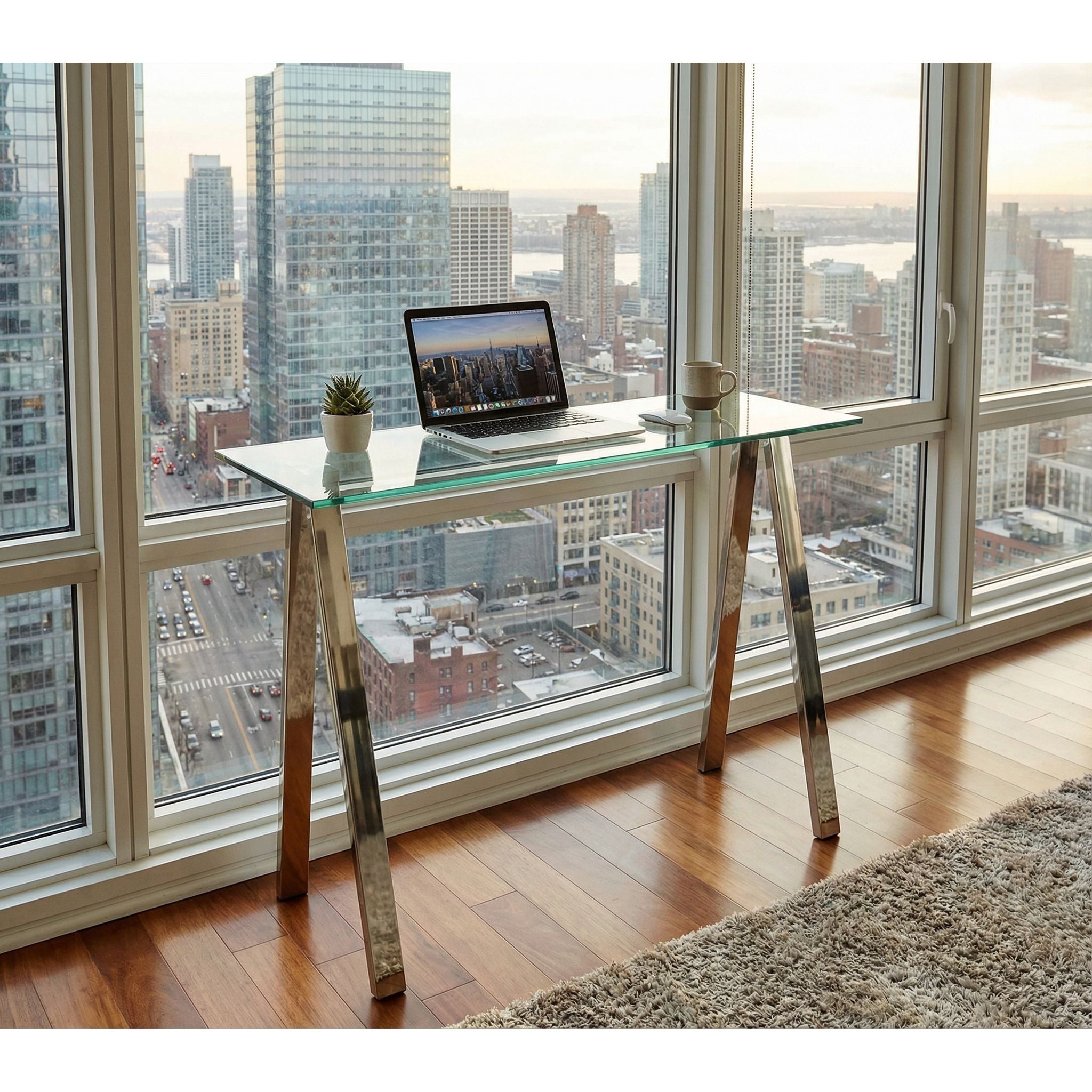 Trixie Glass Top Desk / Console Table with Stainless Steel Frame