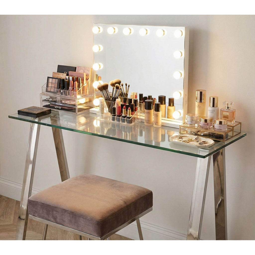 Trixie Glass Top Desk / Console Table with Stainless Steel Frame