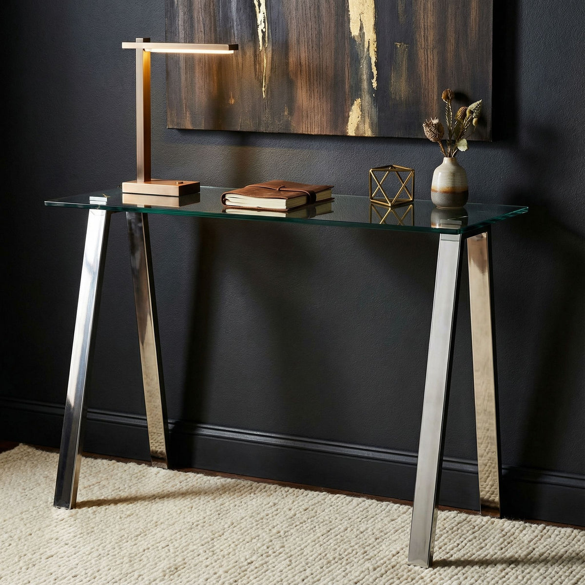 Trixie Glass Top Desk / Console Table with Stainless Steel Frame