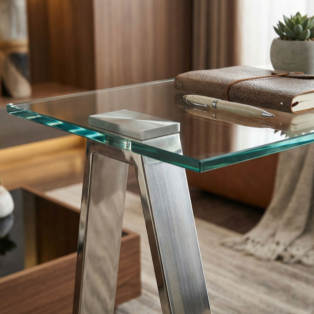 Trixie Glass Top Desk / Console Table with Stainless Steel Frame
