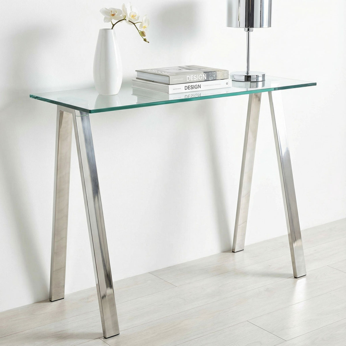 Trixie Glass Top Desk / Console Table with Stainless Steel Frame