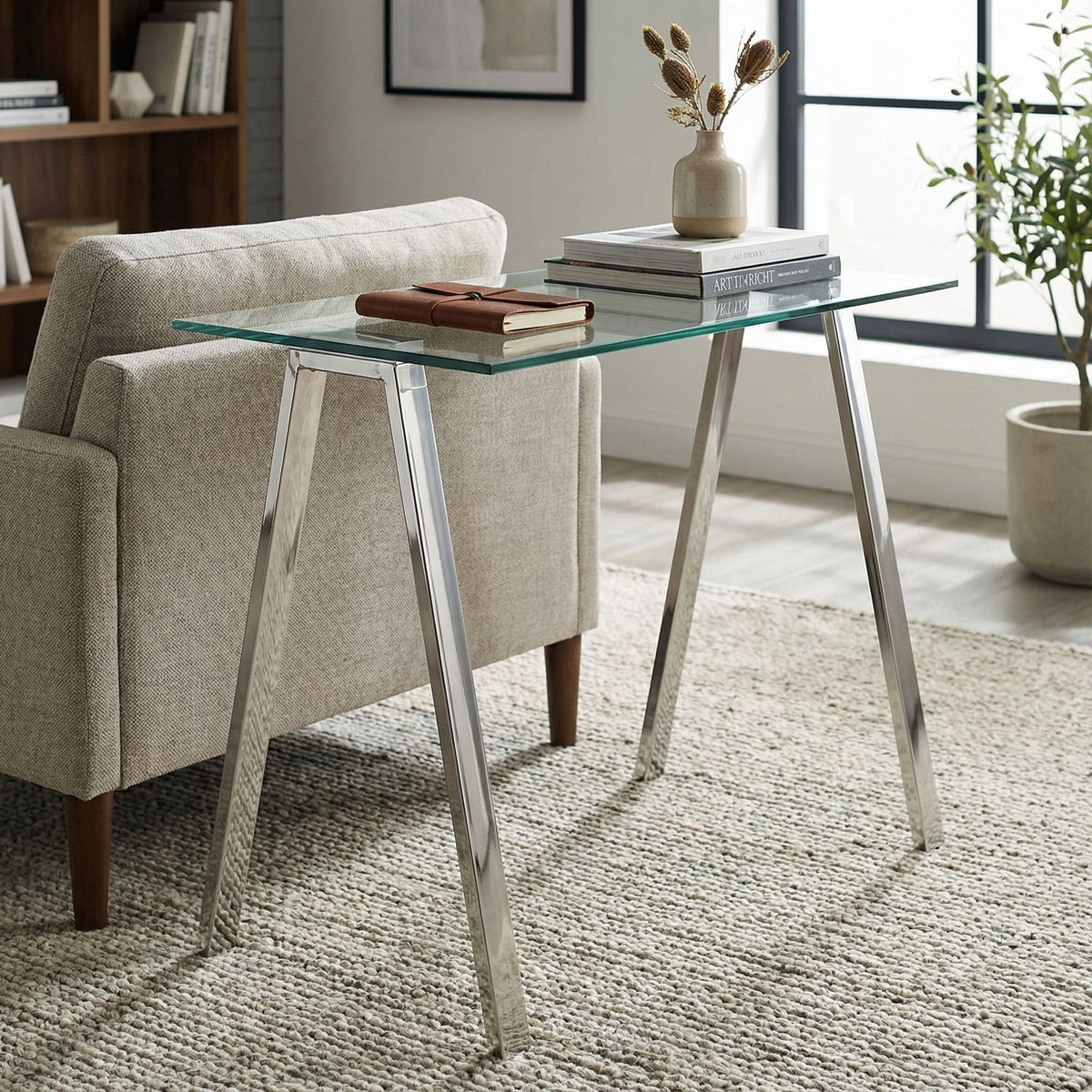 Trixie Glass Top Desk / Console Table with Stainless Steel Frame