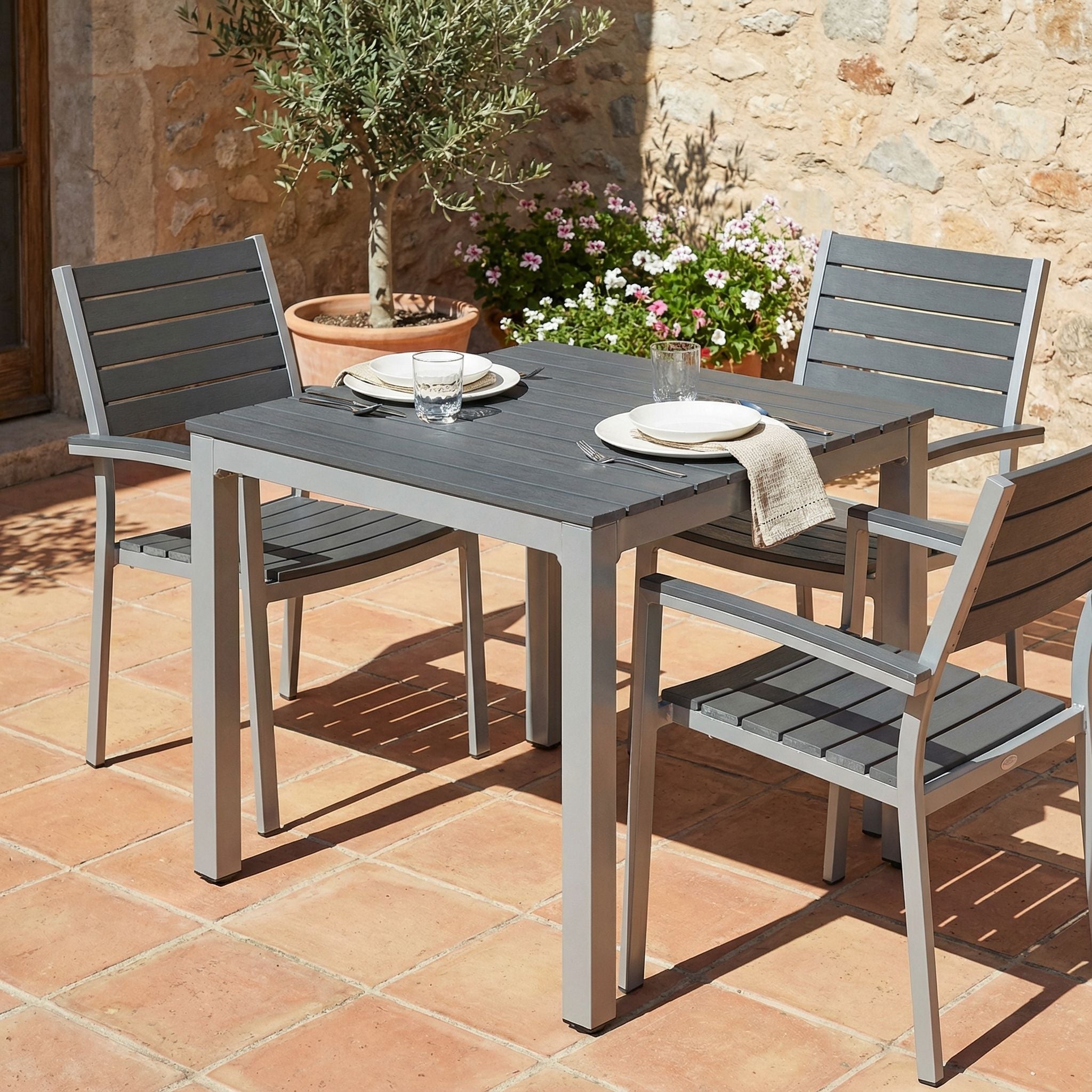 Jaxon Aluminum Outdoor Table in Poly Resin, Silver/Slate Grey 31x31