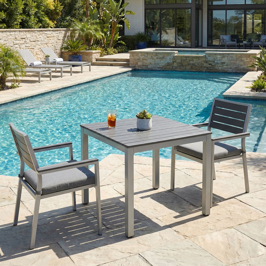 Jaxon Aluminum Outdoor Table in Poly Resin, Silver/Slate Grey 31x31