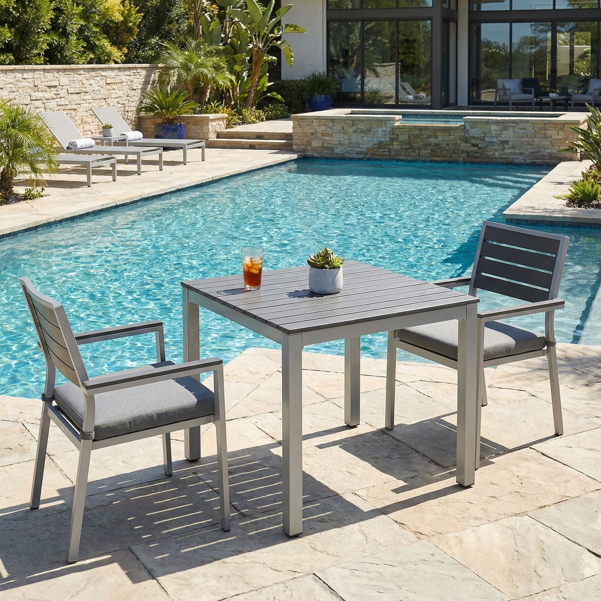 Jaxon Aluminum Outdoor Table in Poly Resin, Silver/Slate Grey 31x31