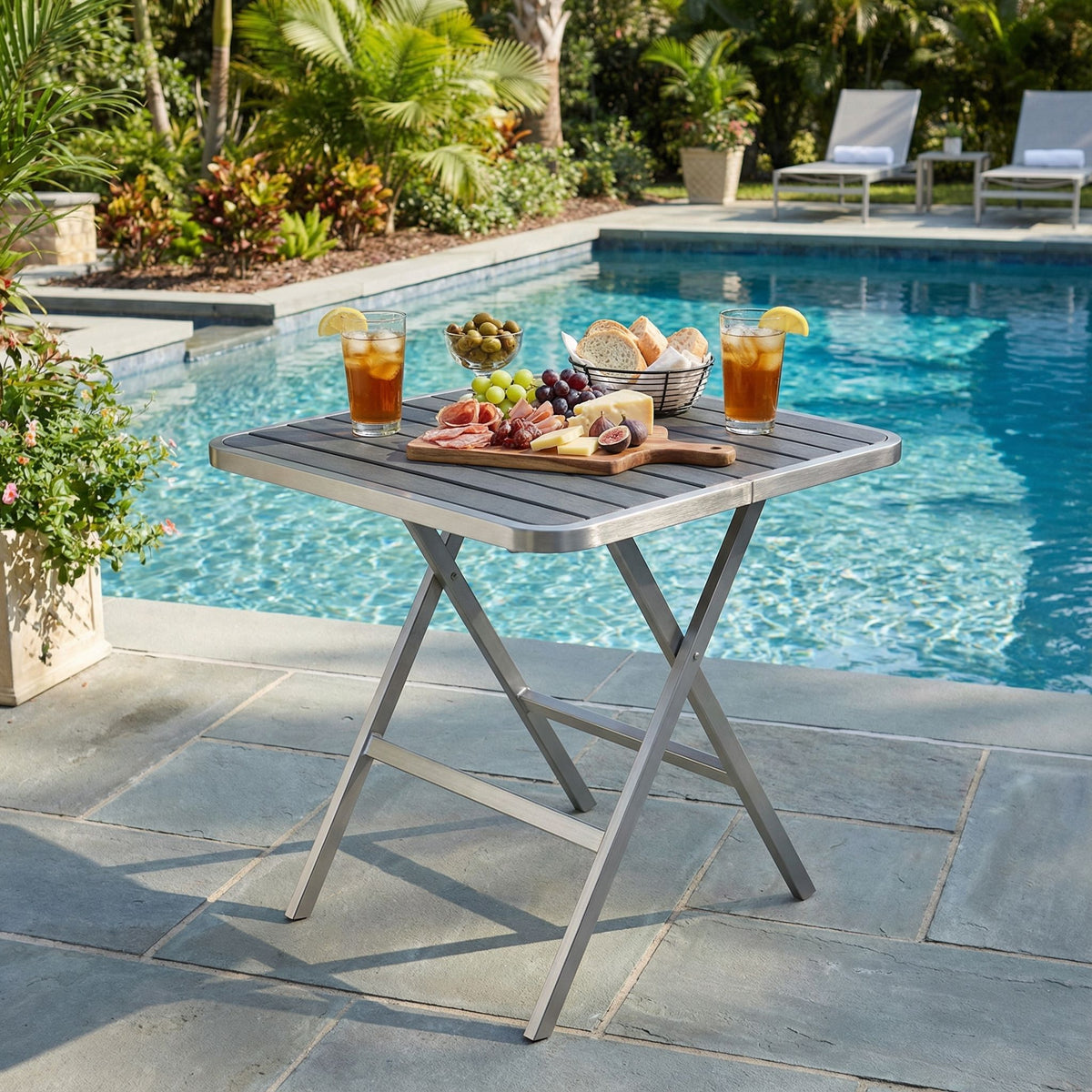 Maxwell Aluminum Outdoor Square Folding Table, Brushed Aluminum / Slate Grey 28" Square