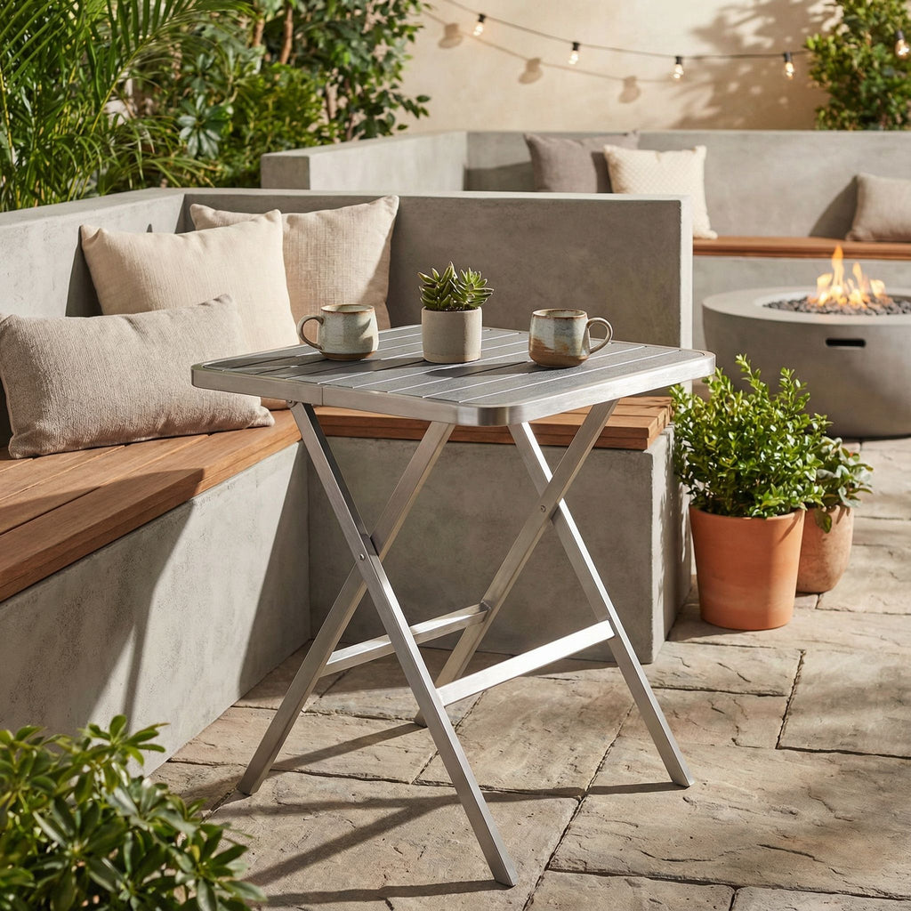 Maxwell Aluminum Outdoor Square Folding Table, Brushed Aluminum / Slate Grey 28" Square