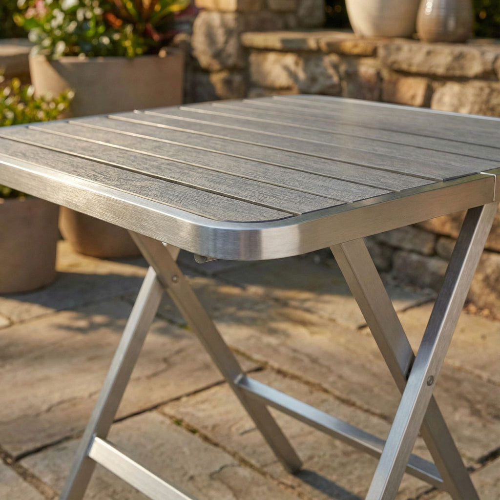 Maxwell Aluminum Outdoor Square Folding Table, Brushed Aluminum / Slate Grey 28" Square