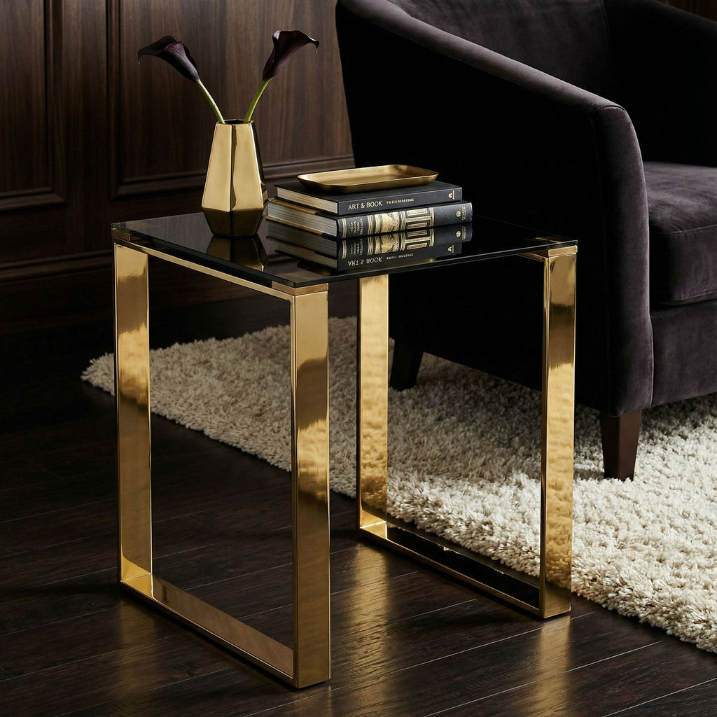 Remini End Table, Gold Metal and Black Glass