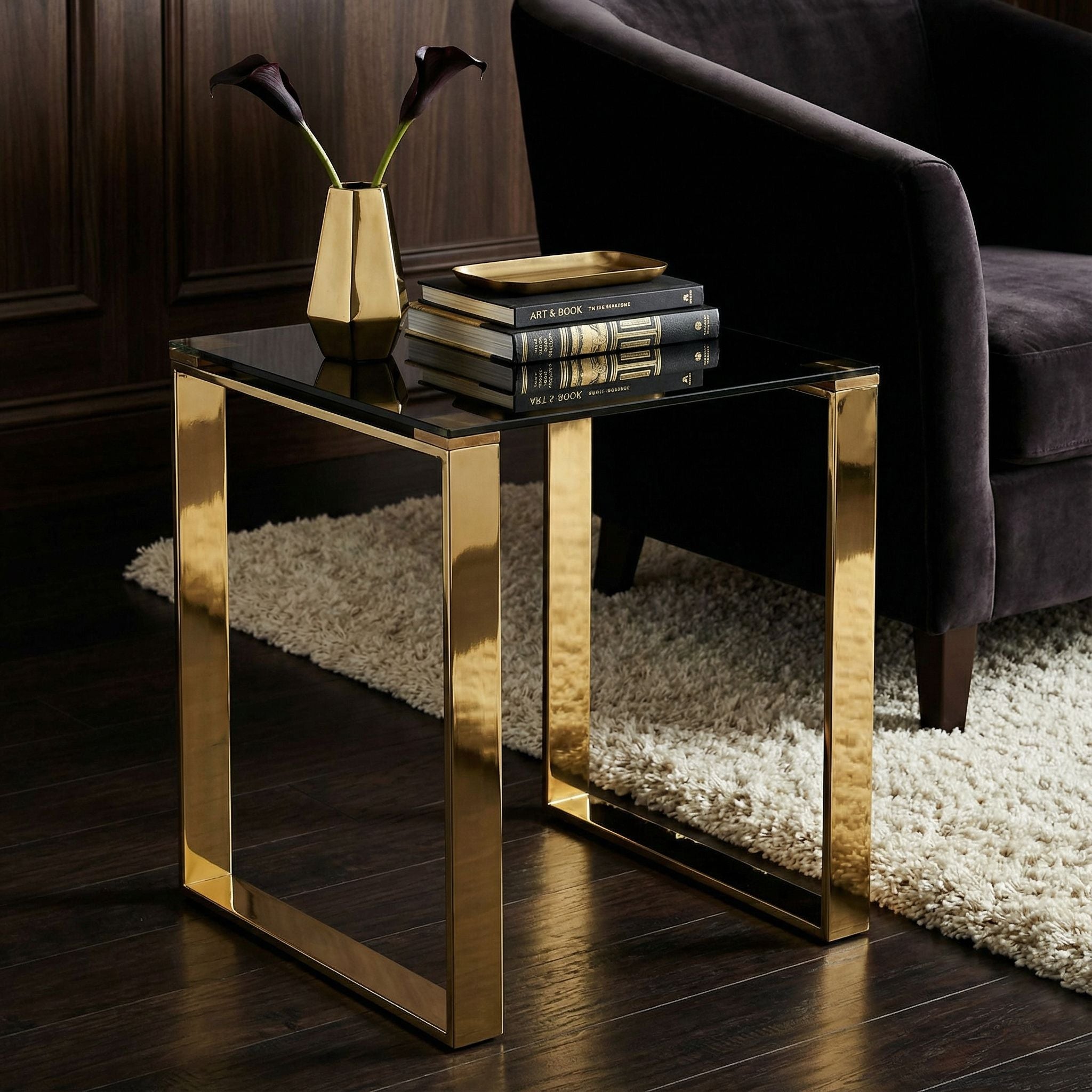 Remini End Table, Gold Metal and Black Glass
