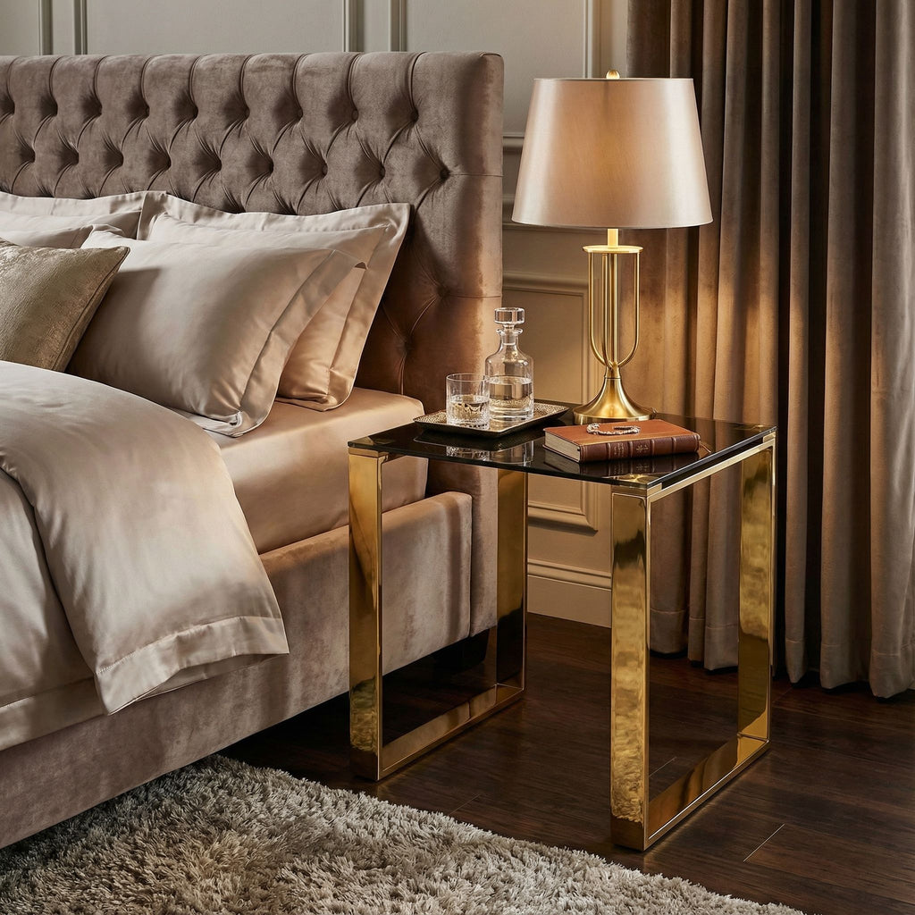 Remini End Table, Gold Metal and Black Glass