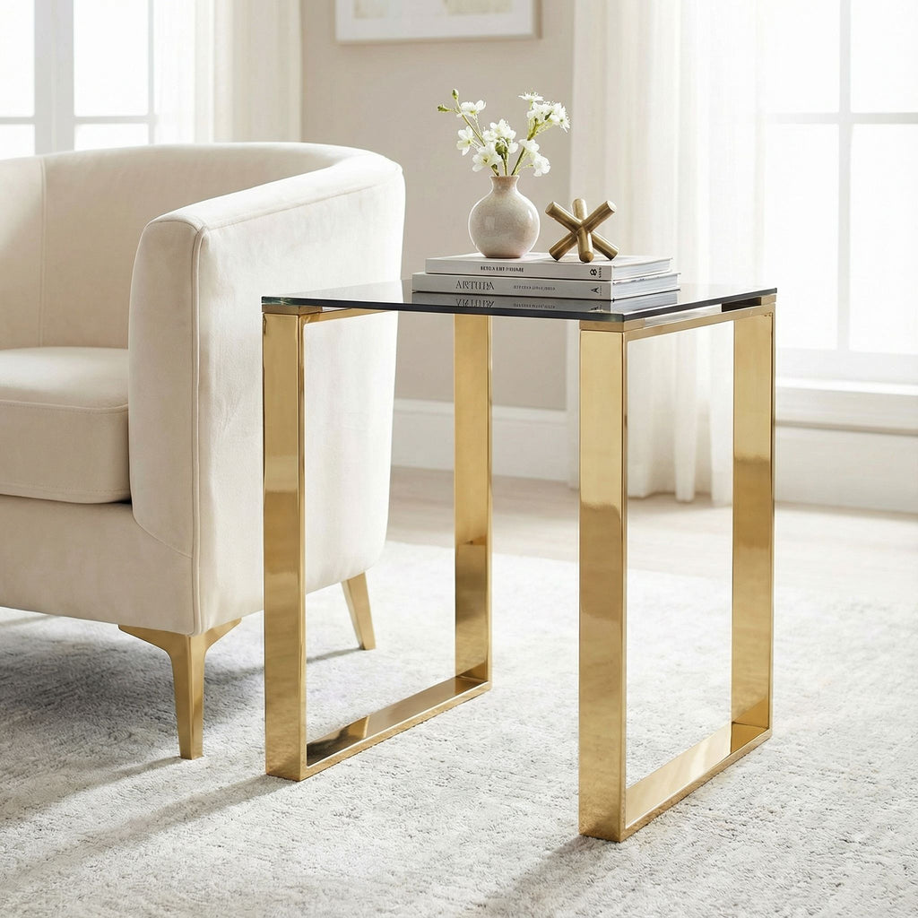Remini End Table, Gold Metal and Black Glass