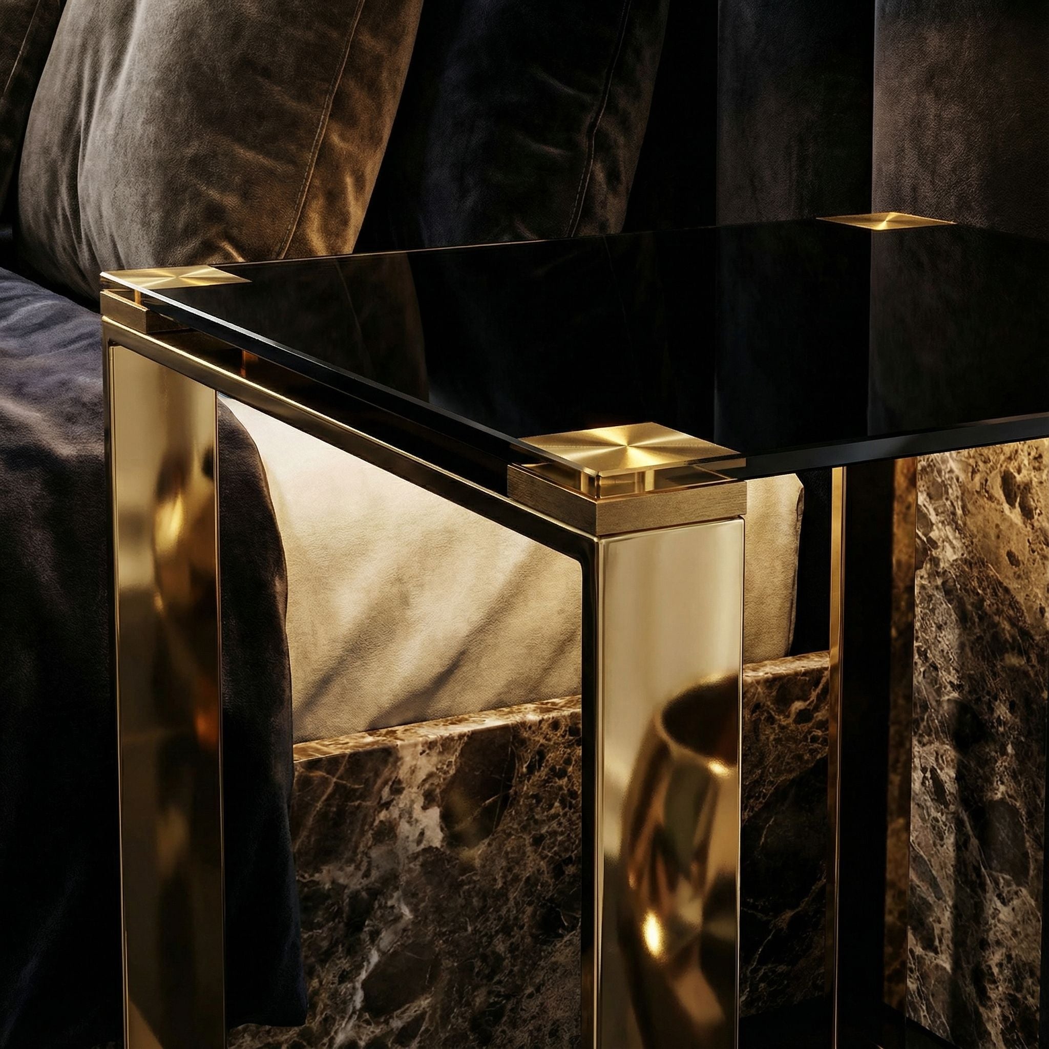 Remini End Table, Gold Metal and Black Glass