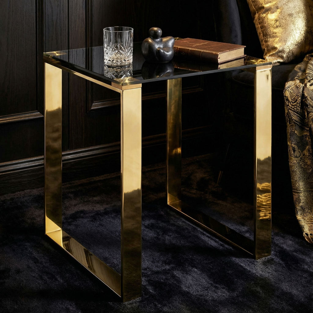 Remini End Table, Gold Metal and Black Glass