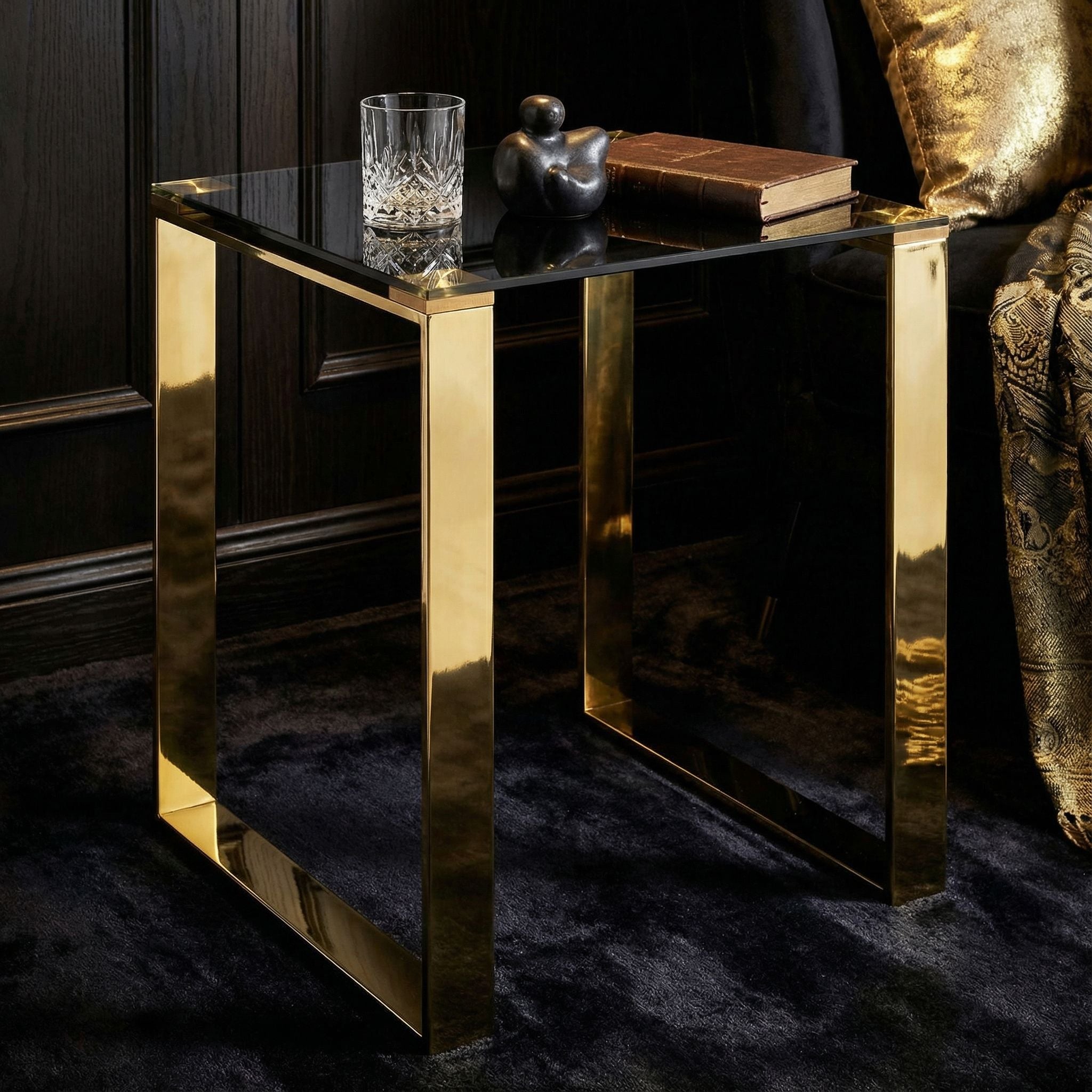 Remini End Table, Gold Metal and Black Glass