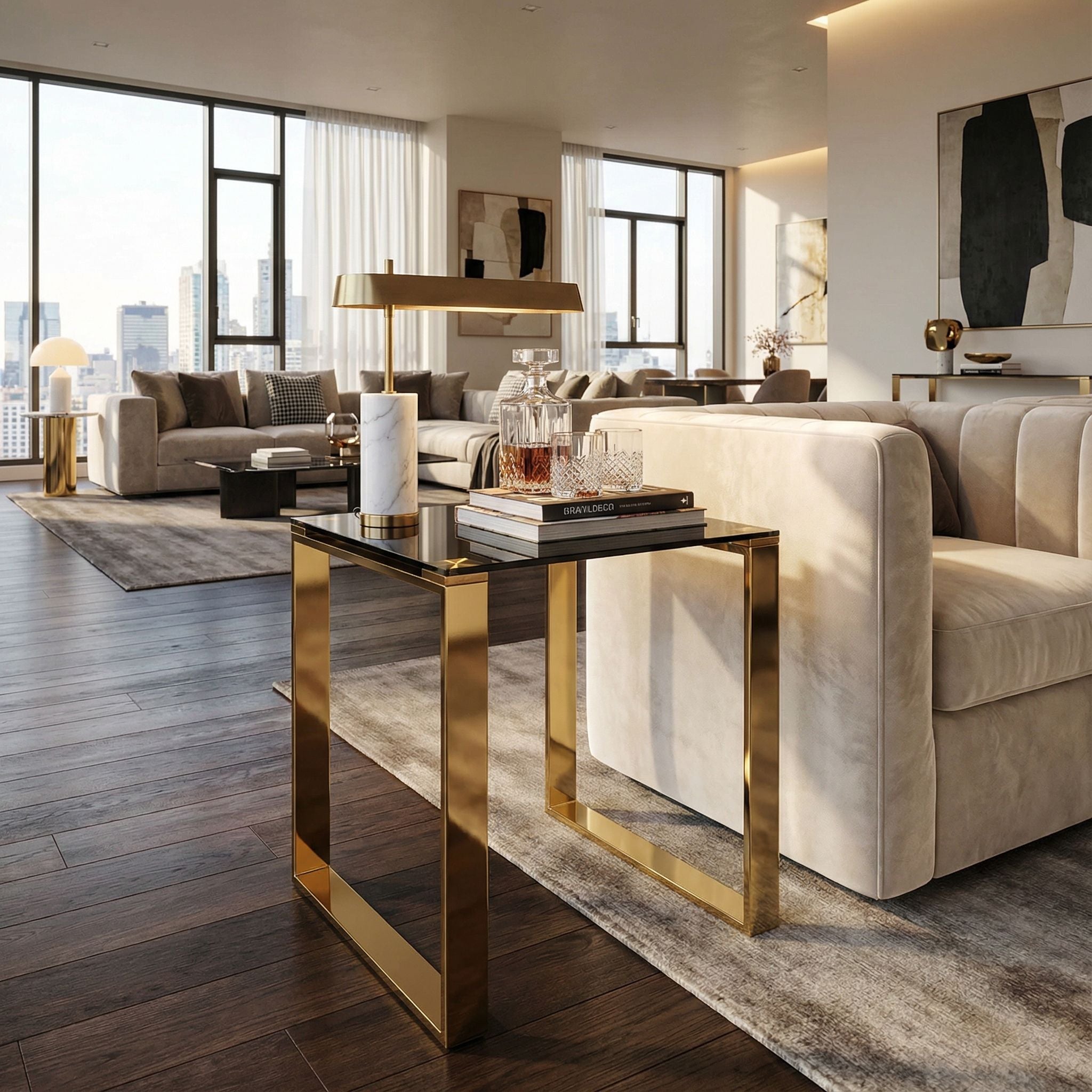 Remini End Table, Gold Metal and Black Glass