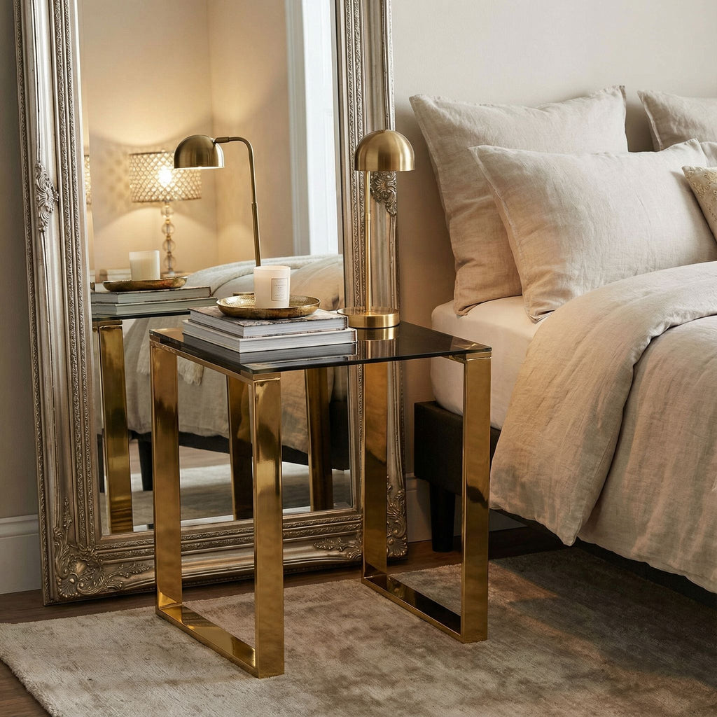 Remini End Table, Gold Metal and Black Glass
