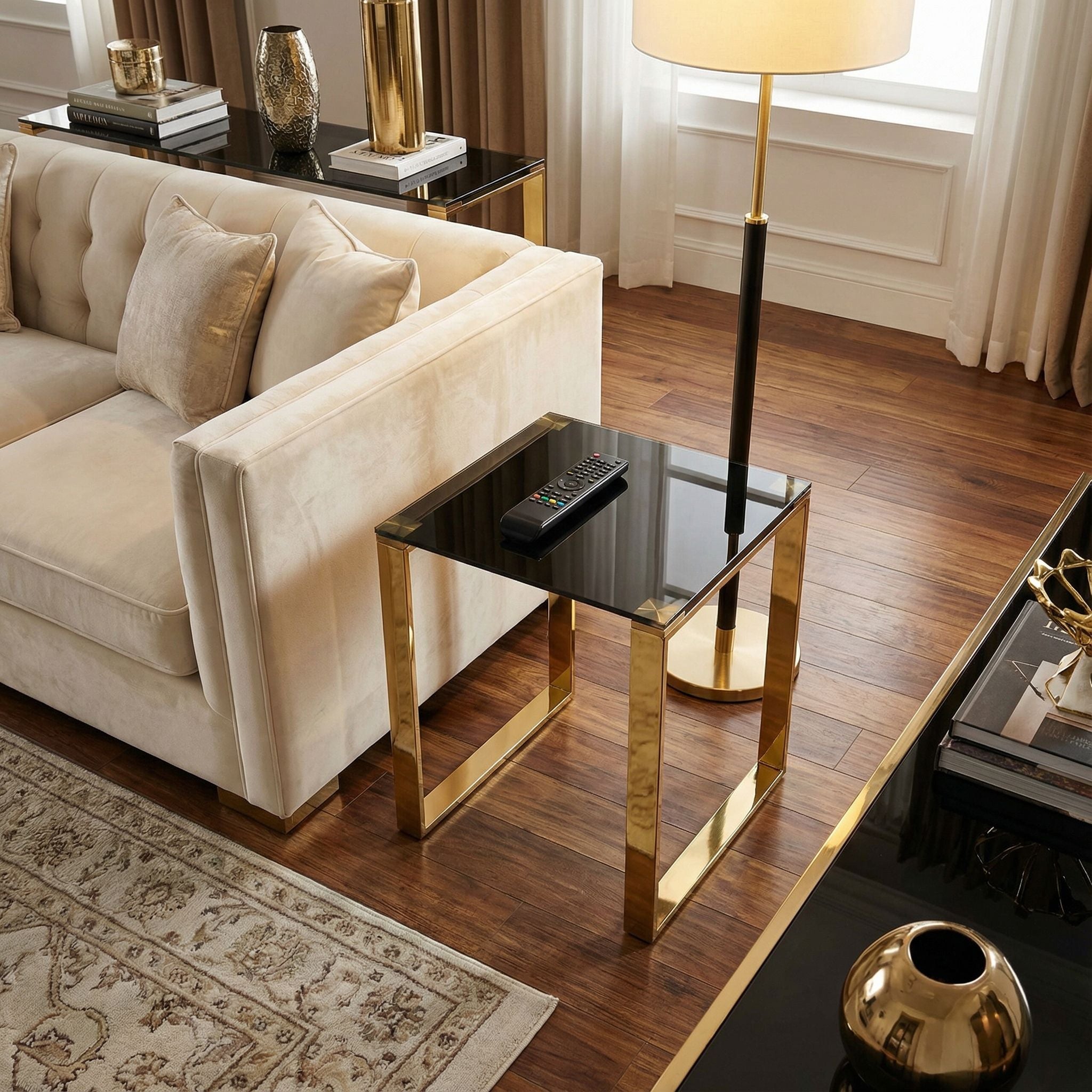 Remini End Table, Gold Metal and Black Glass