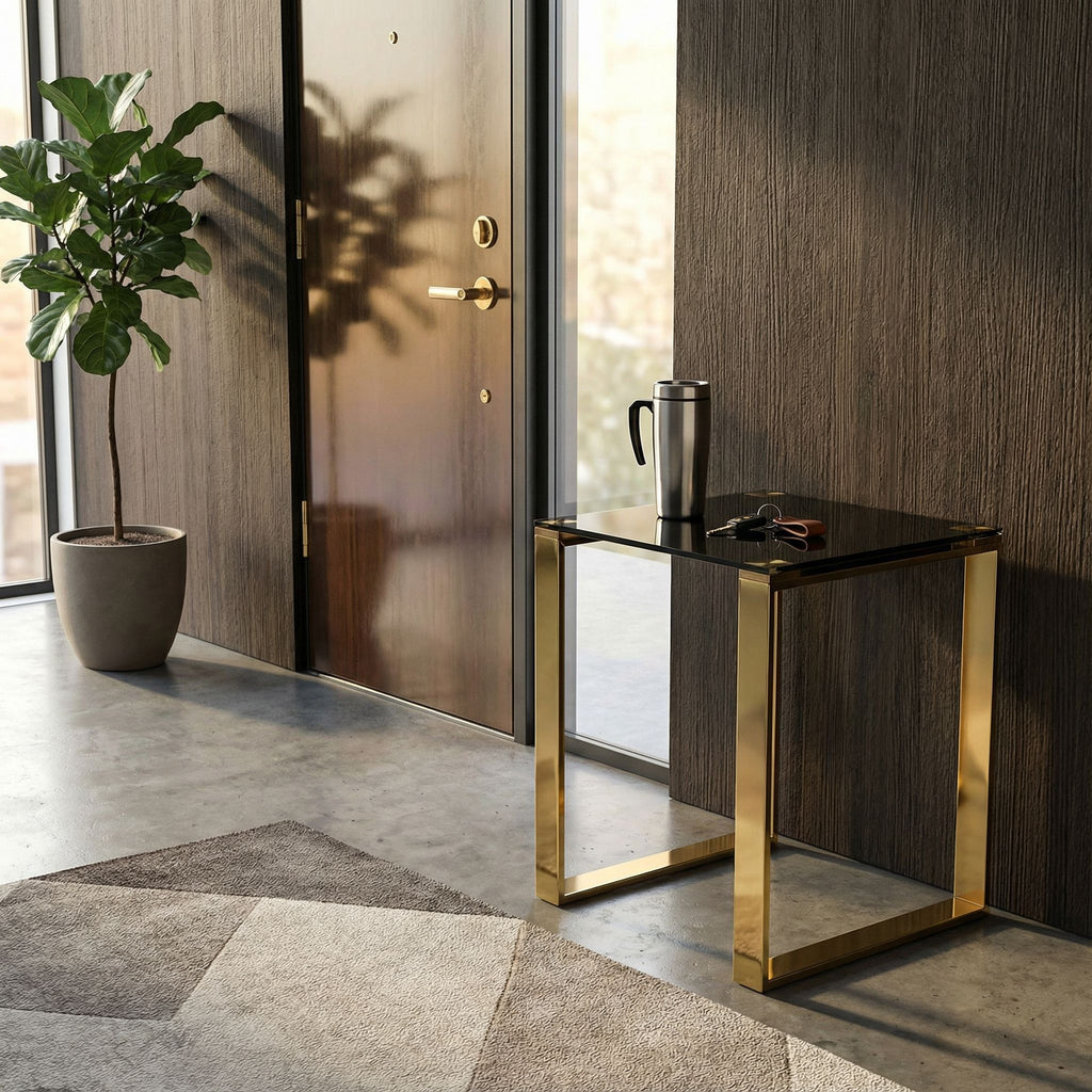 Remini End Table, Gold Metal and Black Glass
