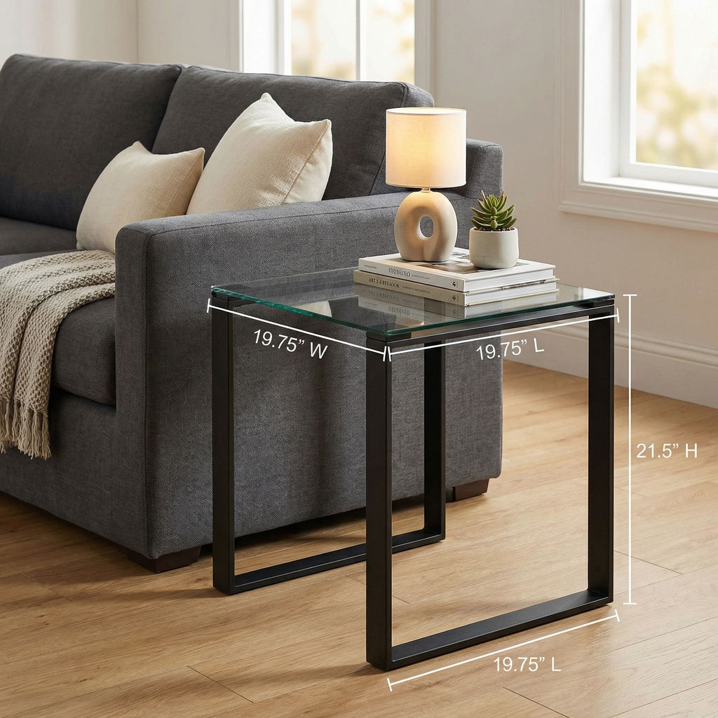 Gega Contemporary Glass End Table in Matte Black, Clear Glass