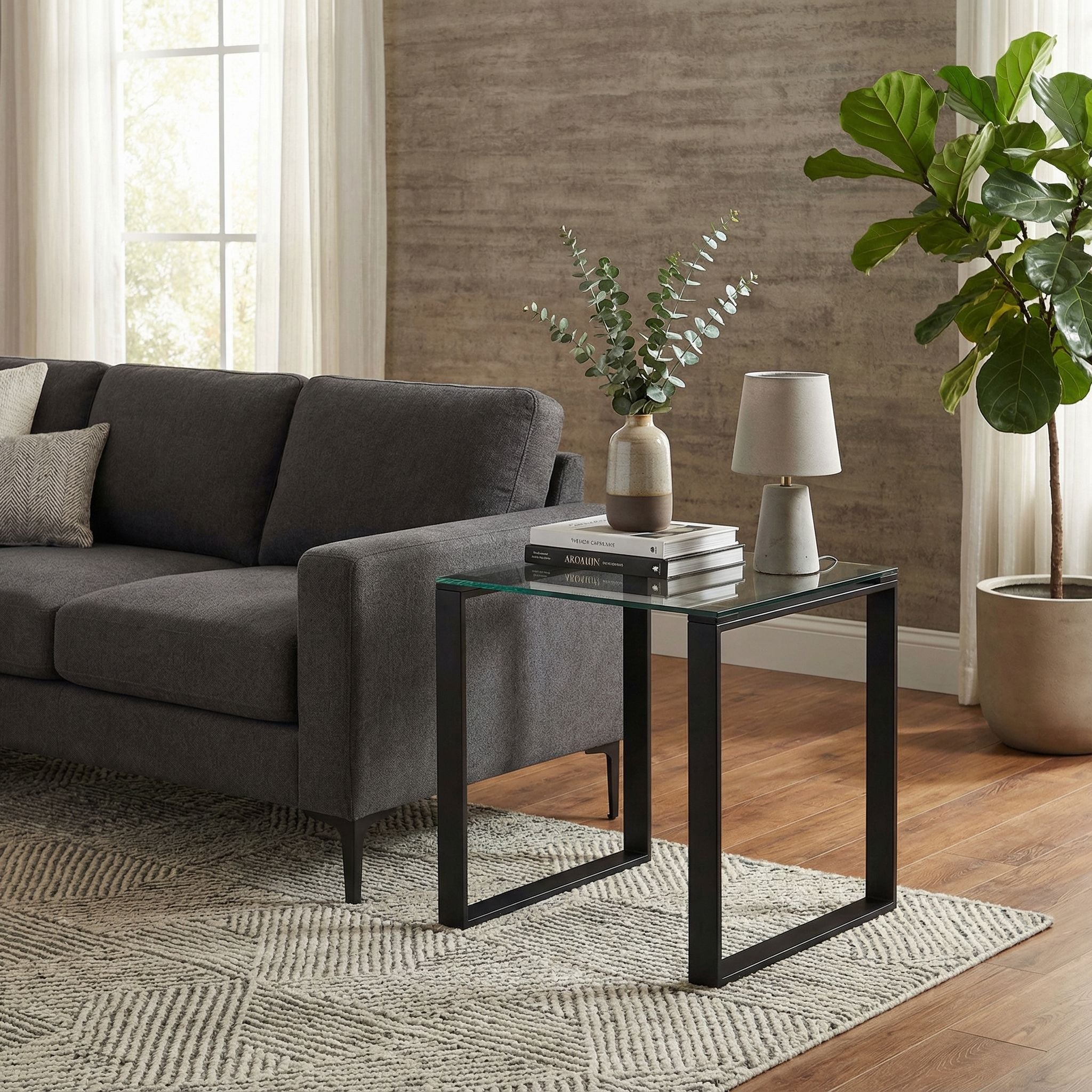 Gega Contemporary Glass End Table in Matte Black, Clear Glass