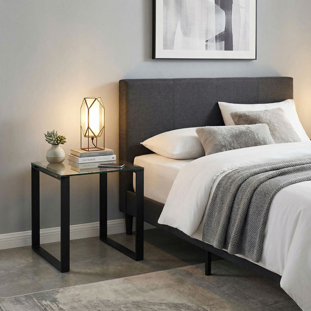 Gega Contemporary Glass End Table in Matte Black, Clear Glass