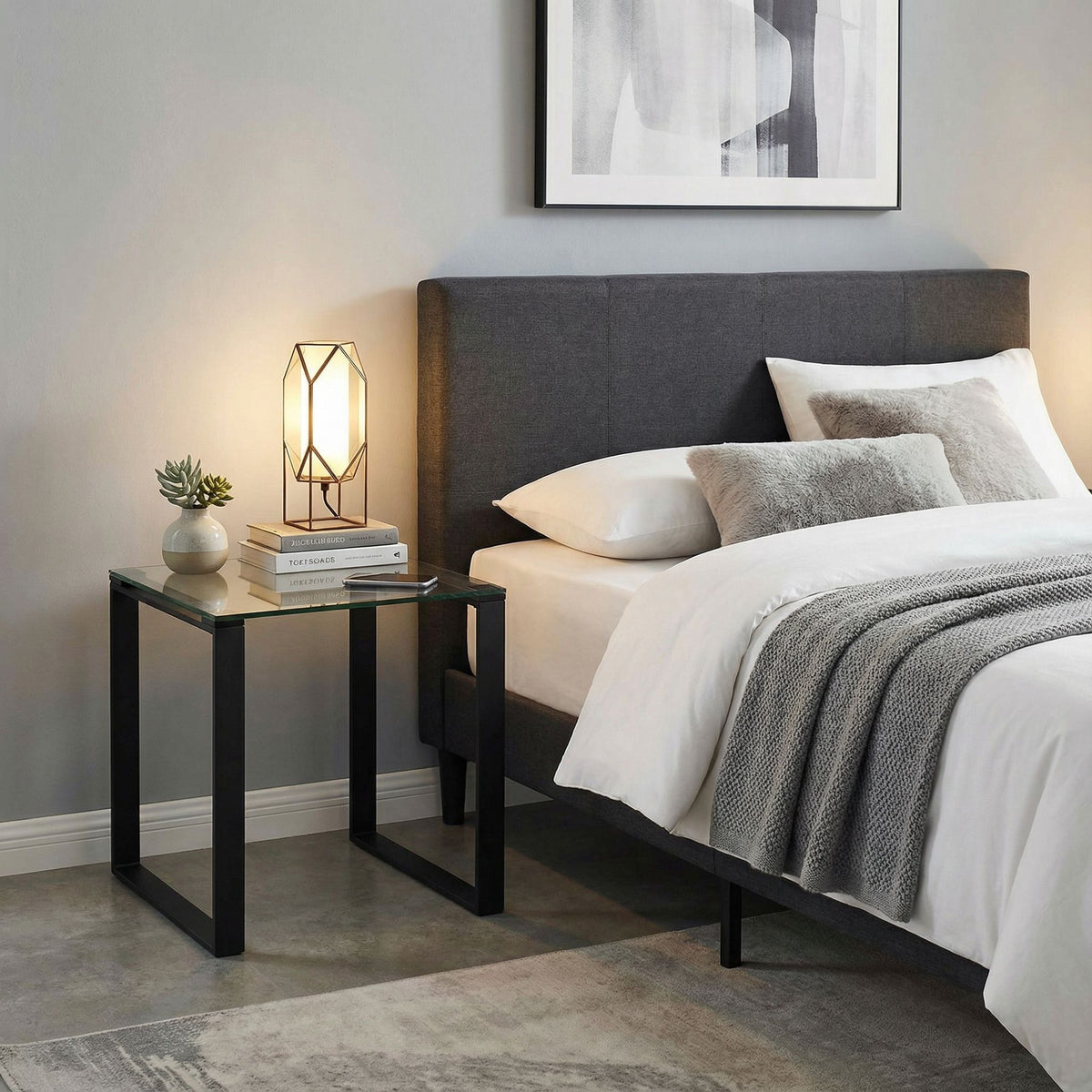 Gega Contemporary Glass End Table in Matte Black, Clear Glass