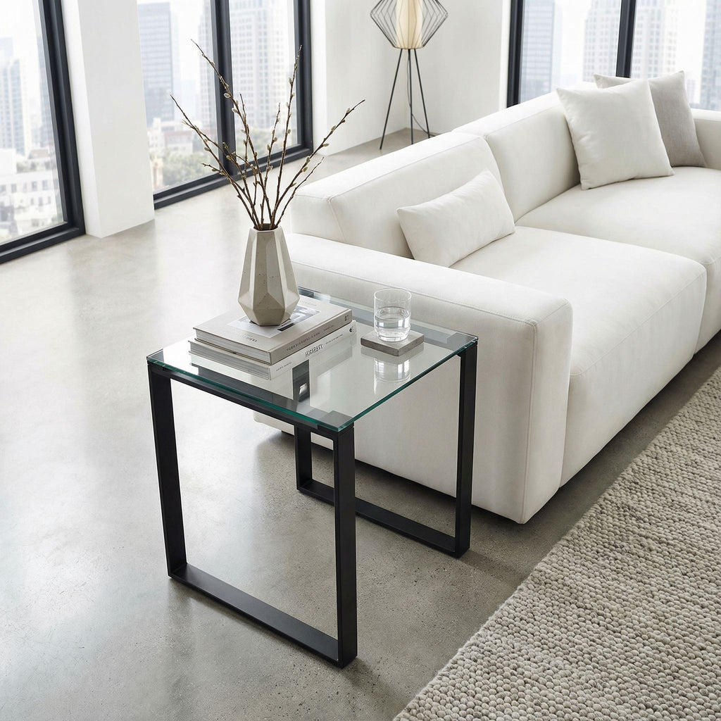 Gega Contemporary Glass End Table in Matte Black, Clear Glass