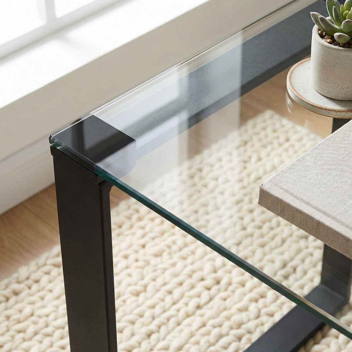 Gega Contemporary Glass End Table in Matte Black, Clear Glass