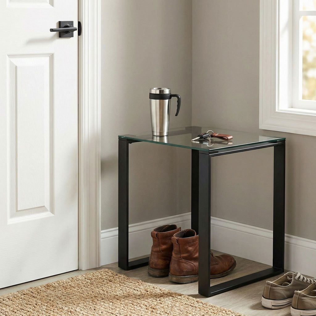 Gega Contemporary Glass End Table in Matte Black, Clear Glass