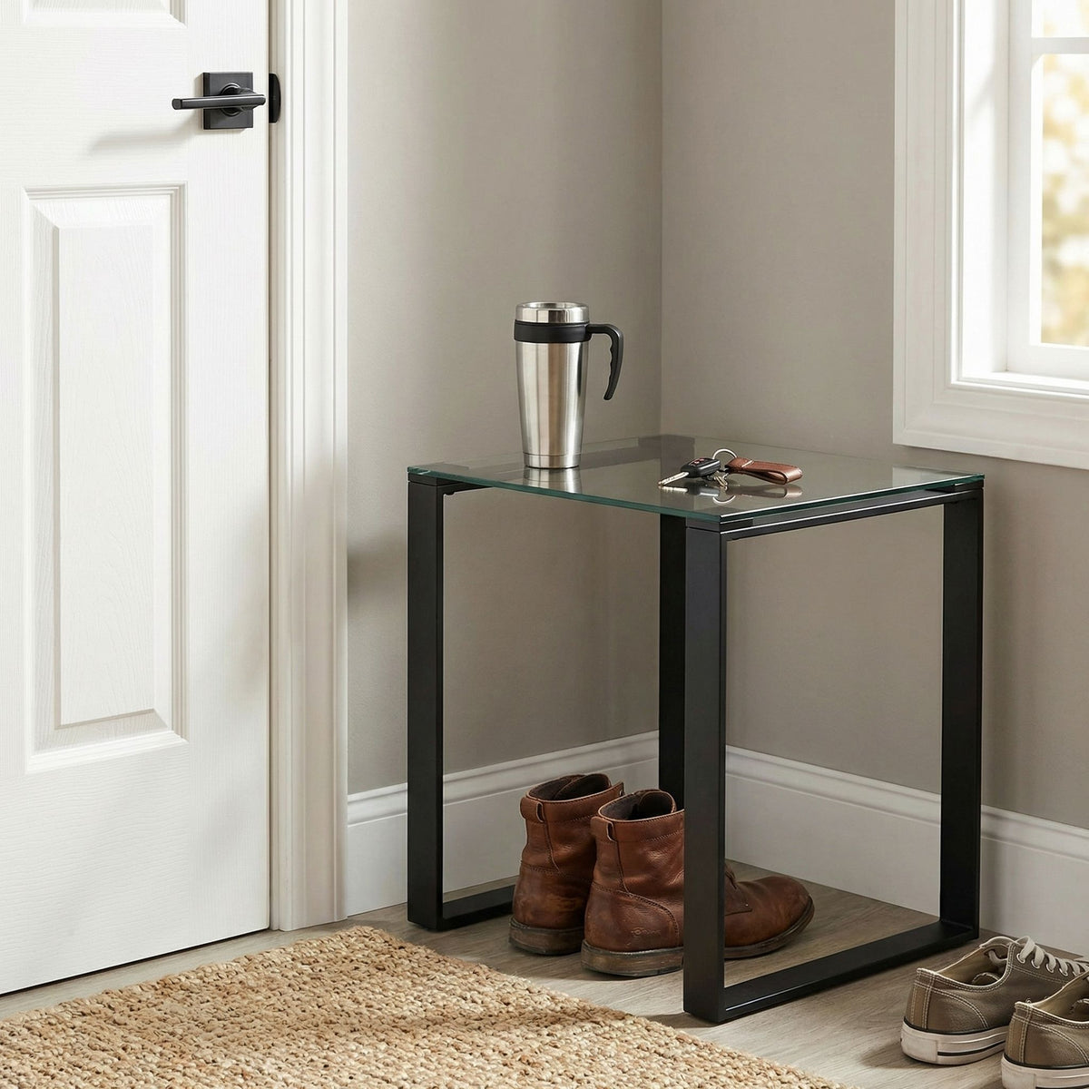 Gega Contemporary Glass End Table in Matte Black, Clear Glass