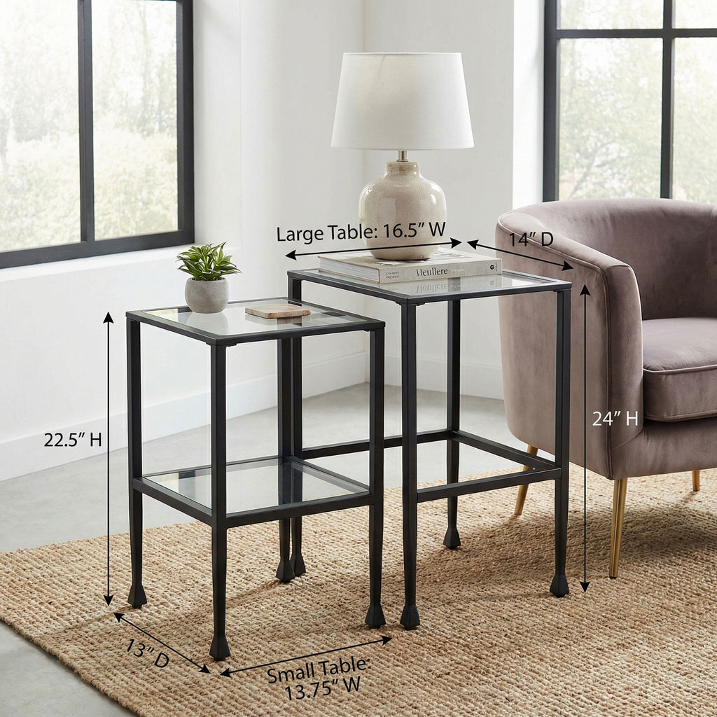 Cortesi Home Jamelos Square Nesting Table, 2Pc Matte Black  Metal with Glass