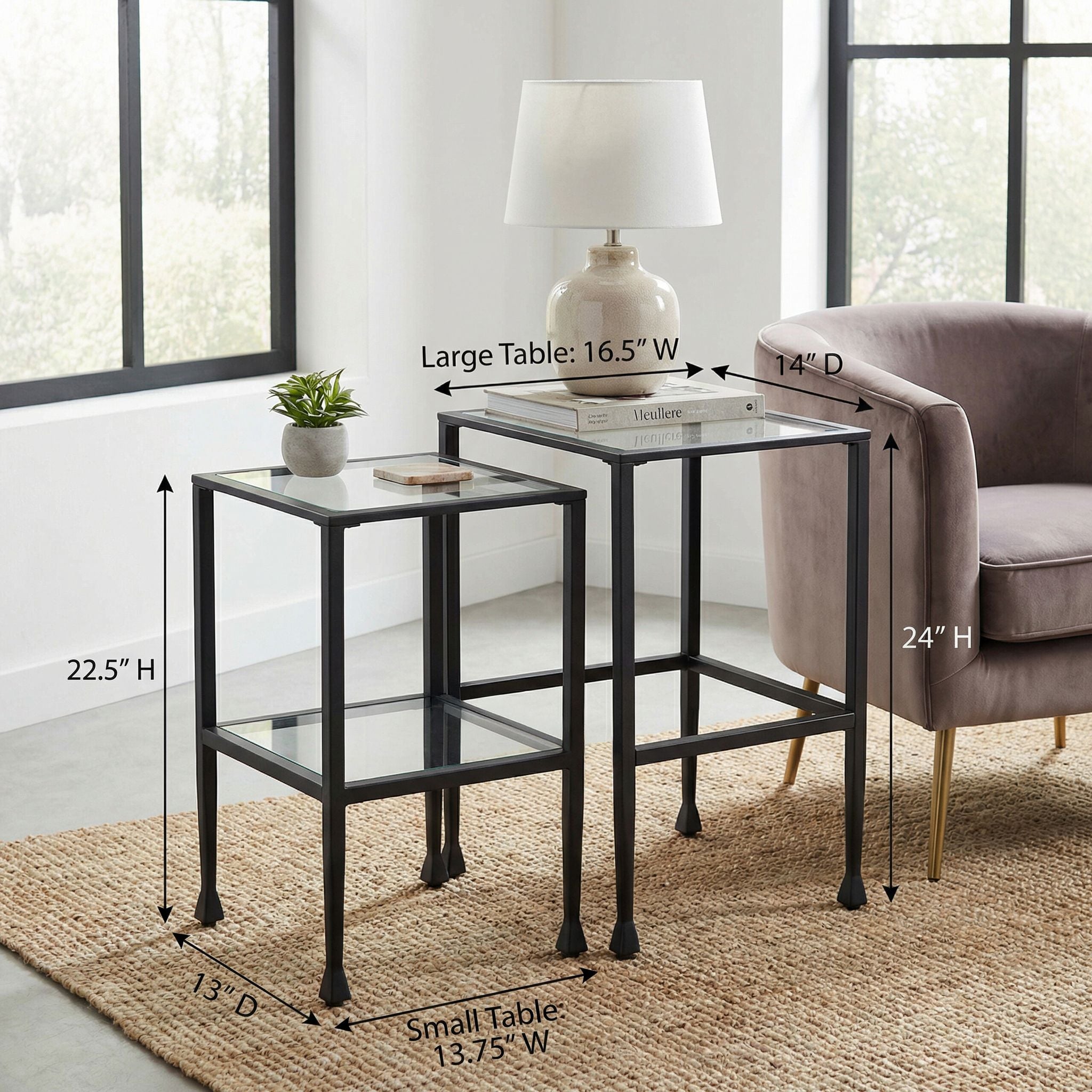 Cortesi Home Jamelos Square Nesting Table, 2Pc Matte Black  Metal with Glass
