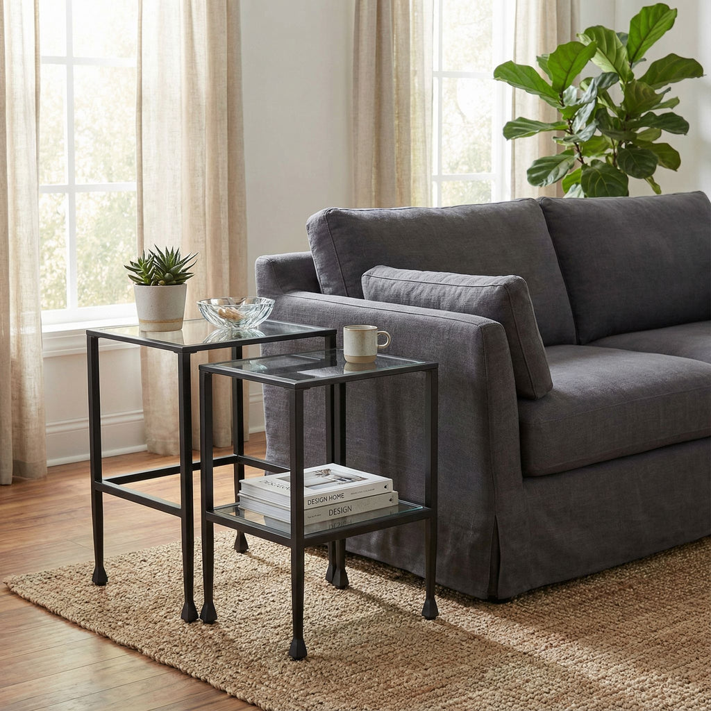 Cortesi Home Jamelos Square Nesting Table, 2Pc Matte Black  Metal with Glass