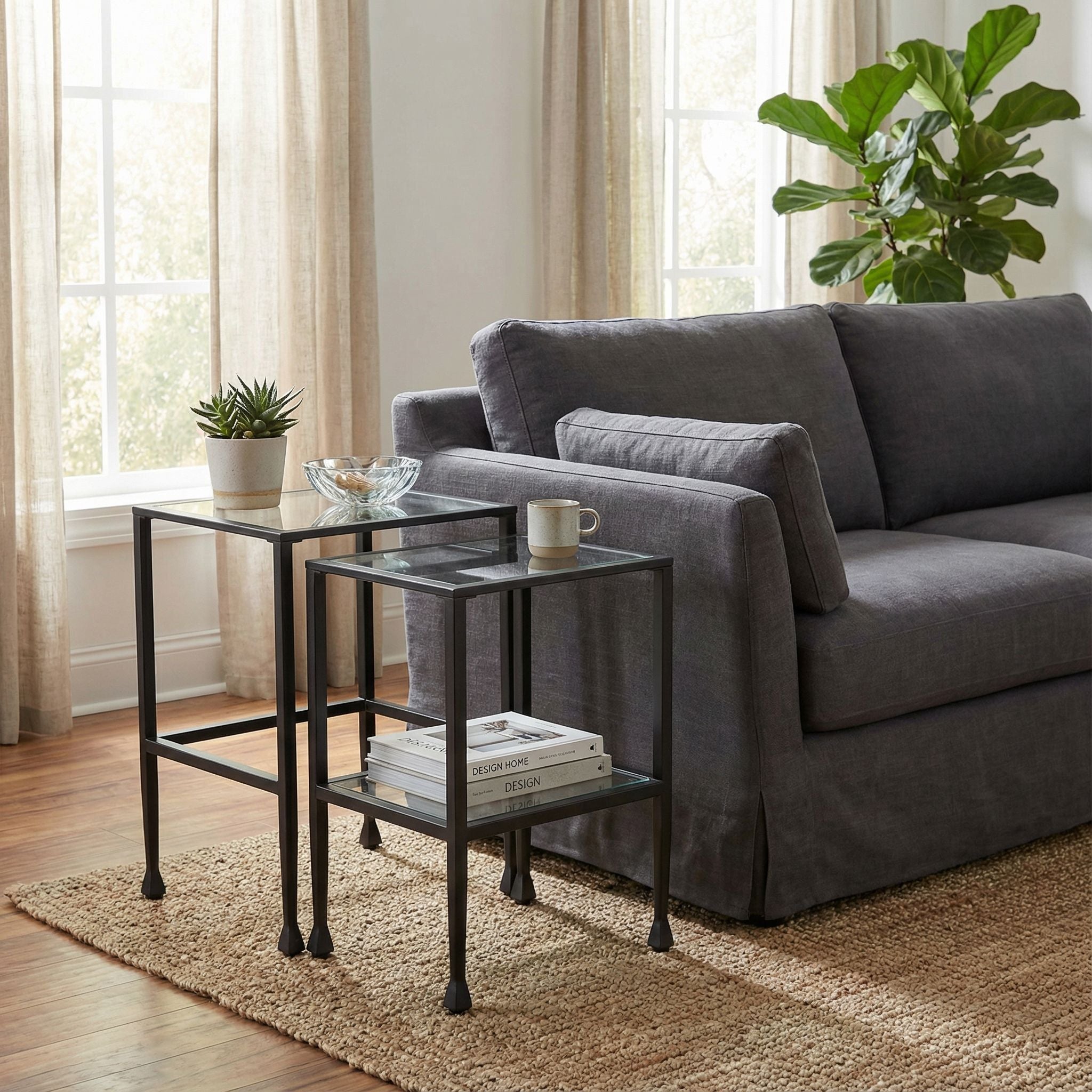 Cortesi Home Jamelos Square Nesting Table, 2Pc Matte Black  Metal with Glass
