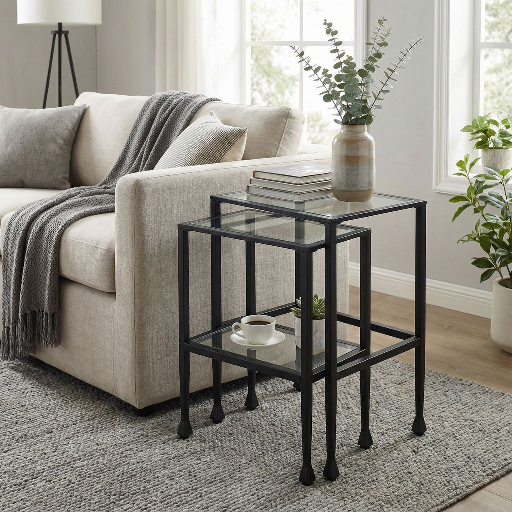 Cortesi Home Jamelos Square Nesting Table, 2Pc Matte Black  Metal with Glass