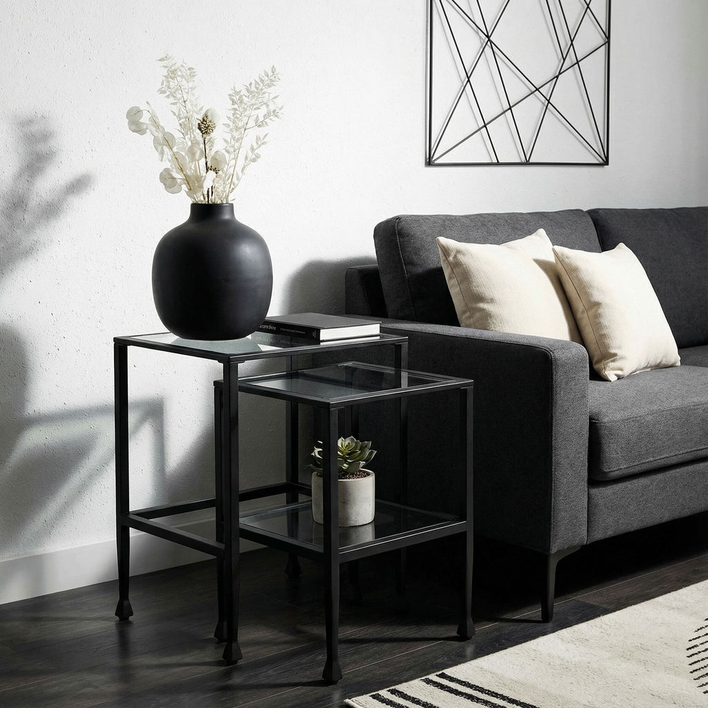 Cortesi Home Jamelos Square Nesting Table, 2Pc Matte Black  Metal with Glass