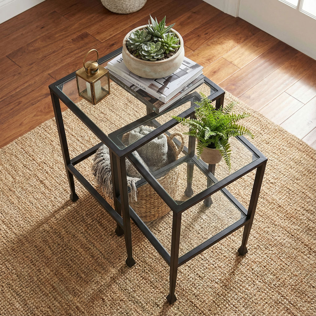 Cortesi Home Jamelos Square Nesting Table, 2Pc Matte Black  Metal with Glass