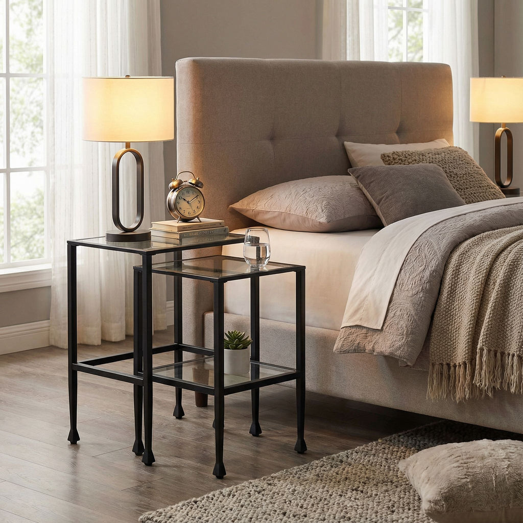 Cortesi Home Jamelos Square Nesting Table, 2Pc Matte Black  Metal with Glass