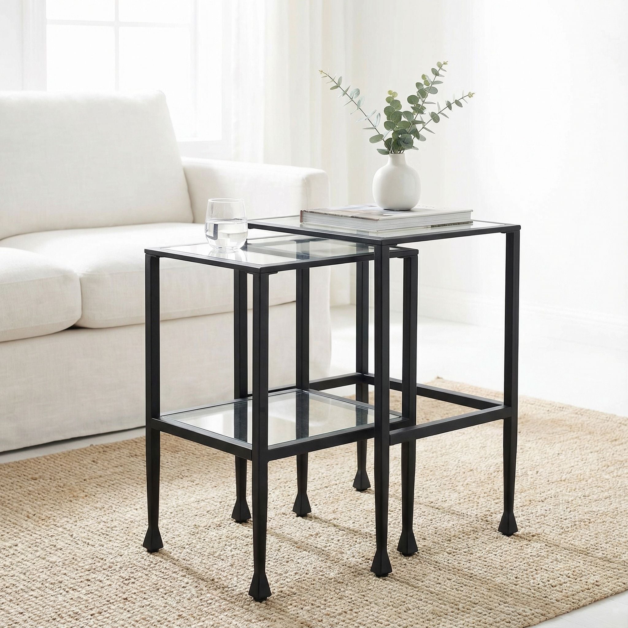 Cortesi Home Jamelos Square Nesting Table, 2Pc Matte Black  Metal with Glass