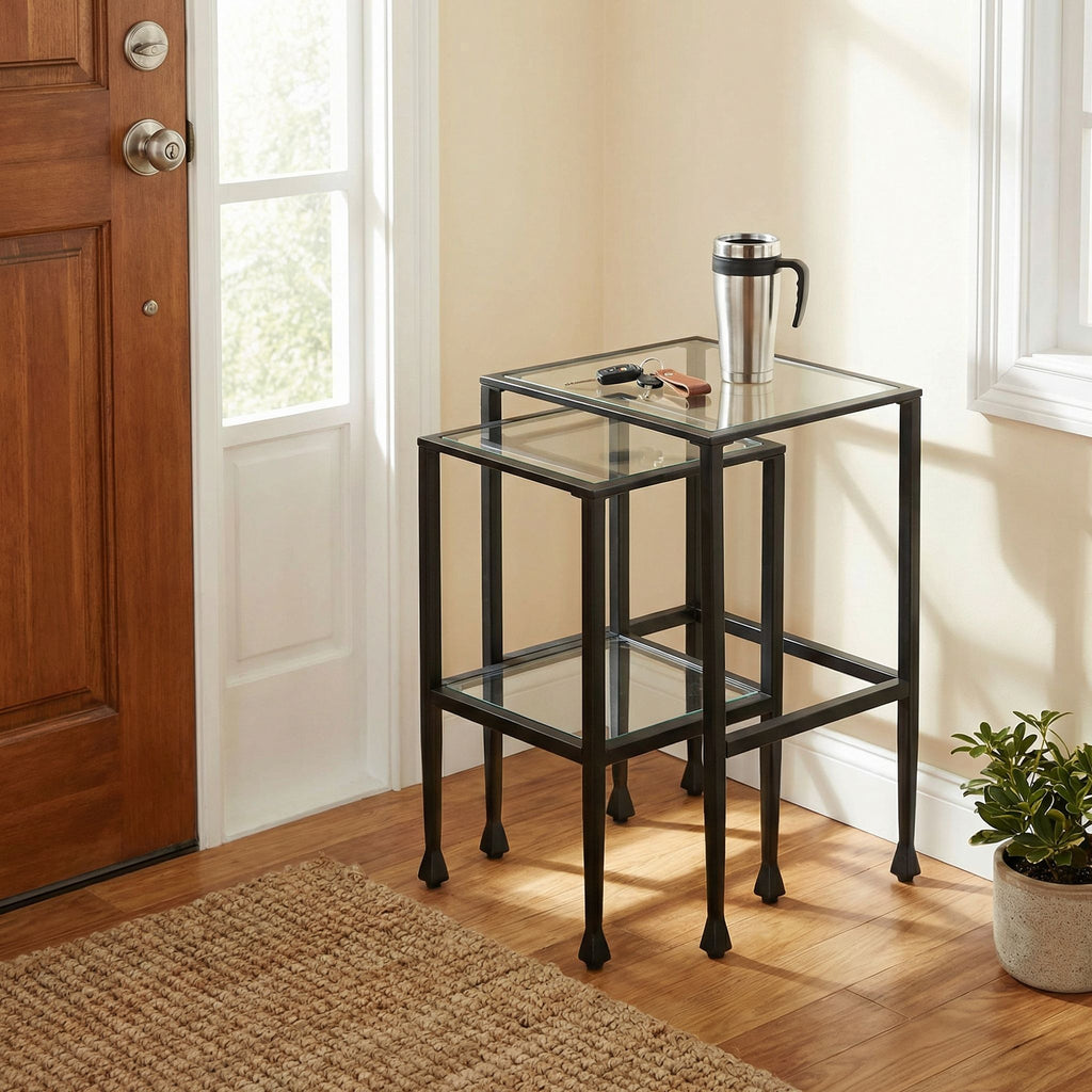 Cortesi Home Jamelos Square Nesting Table, 2Pc Matte Black  Metal with Glass