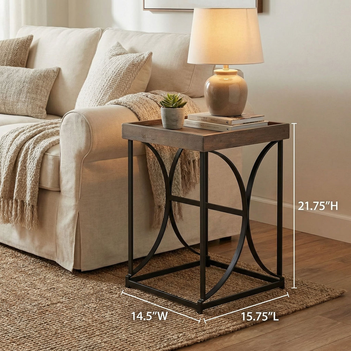 Luxe End Table in Reclaimed Wood and Black Steel, Distressed Brown