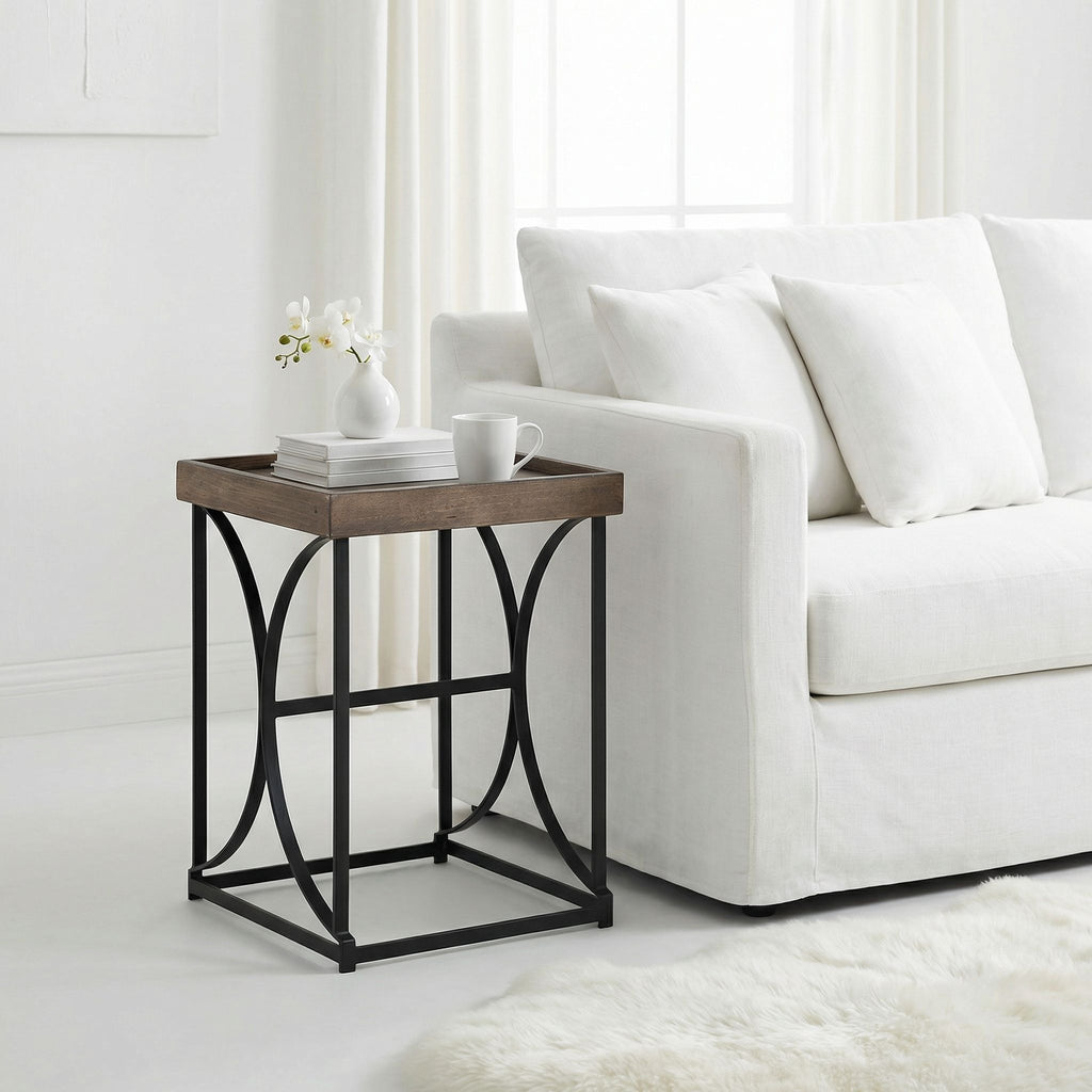 Luxe End Table in Reclaimed Wood and Black Steel, Distressed Brown