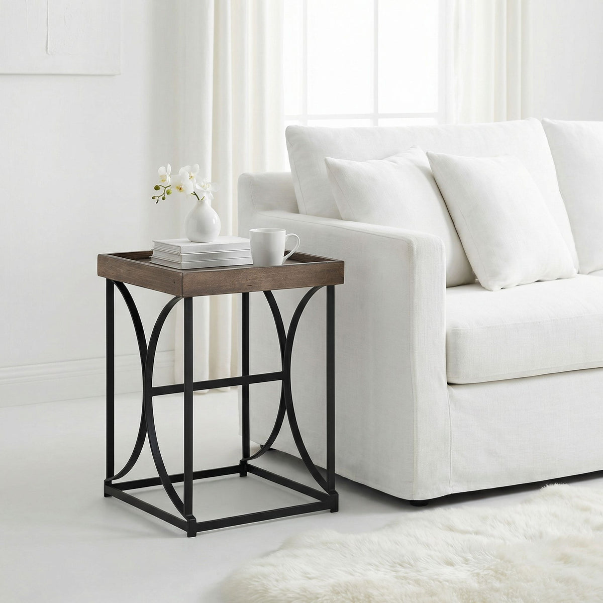 Luxe End Table in Reclaimed Wood and Black Steel, Distressed Brown