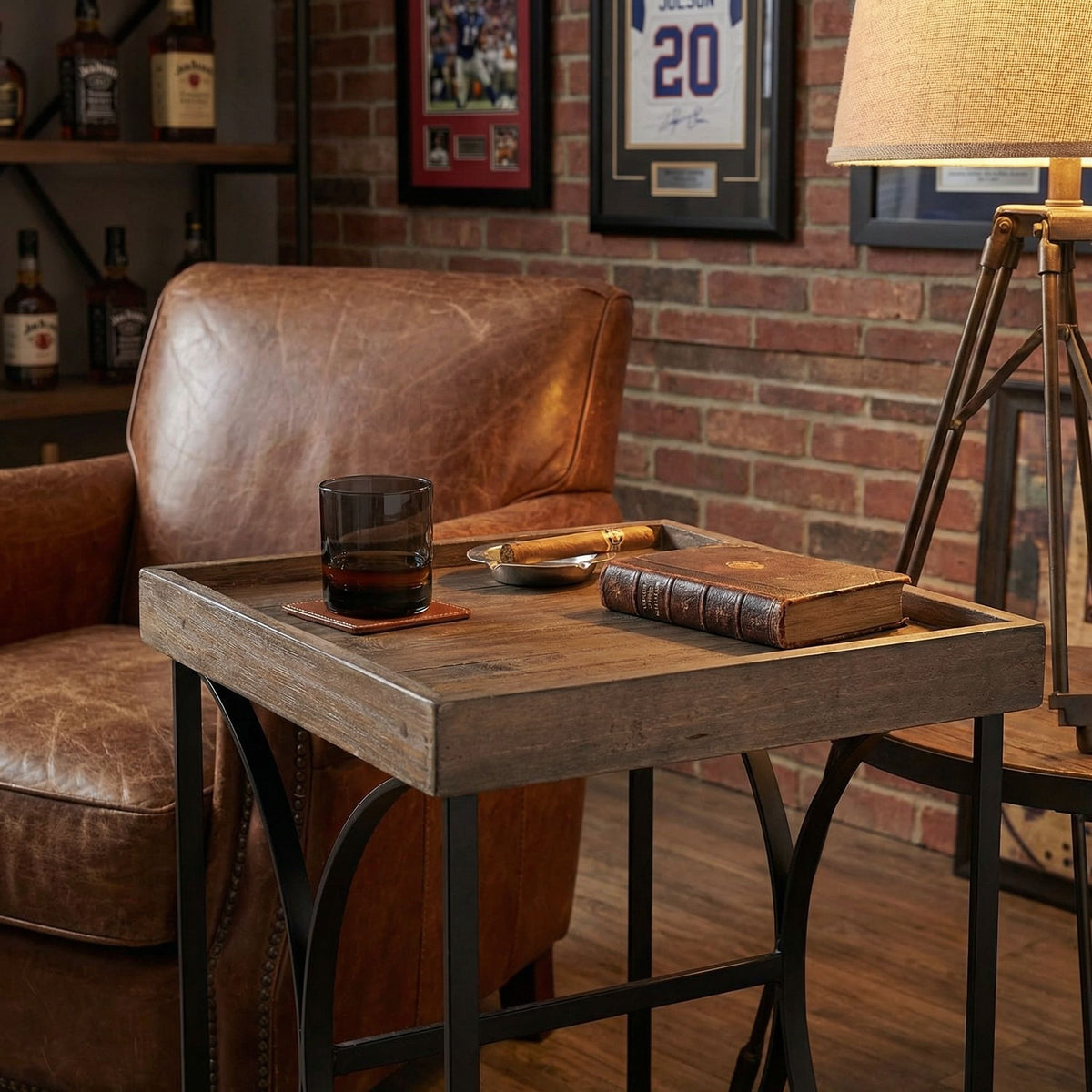 Luxe End Table in Reclaimed Wood and Black Steel, Distressed Brown