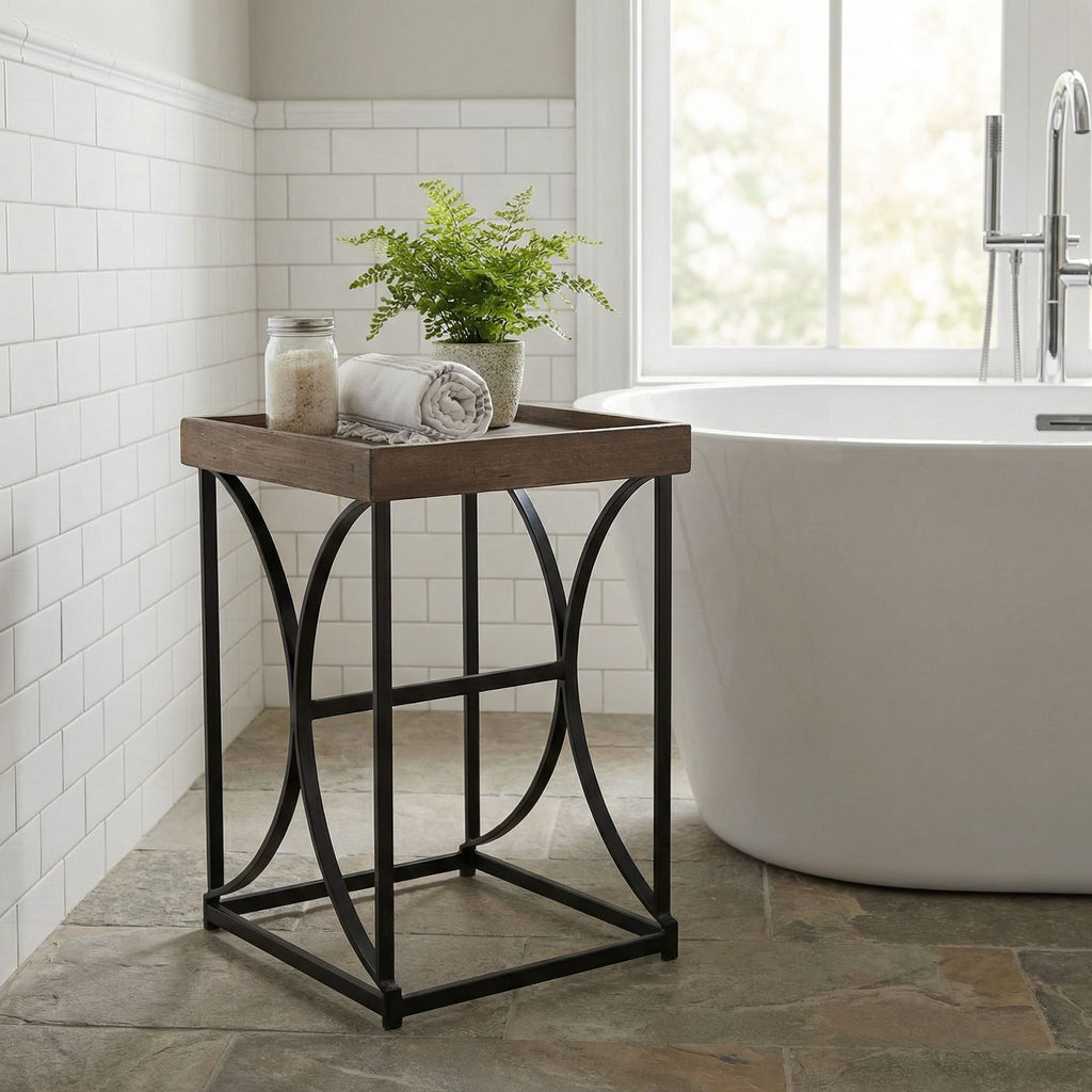 Luxe End Table in Reclaimed Wood and Black Steel, Distressed Brown