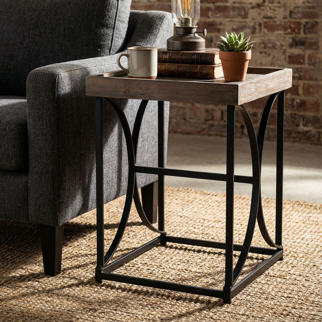 Luxe End Table in Reclaimed Wood and Black Steel, Distressed Brown
